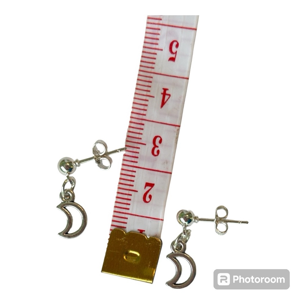 925 sterling silver plated small tiny ball stud half moon charm earrings - Picture 3 of 4